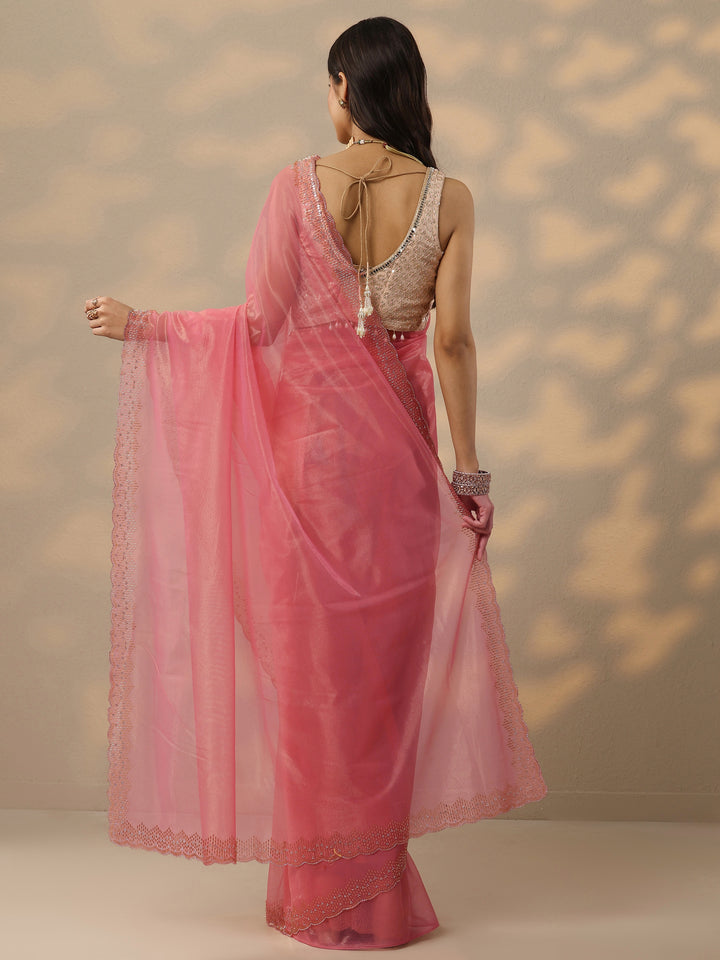 Peach Embellished Nylon Saree With Unstitched Blouse Piece