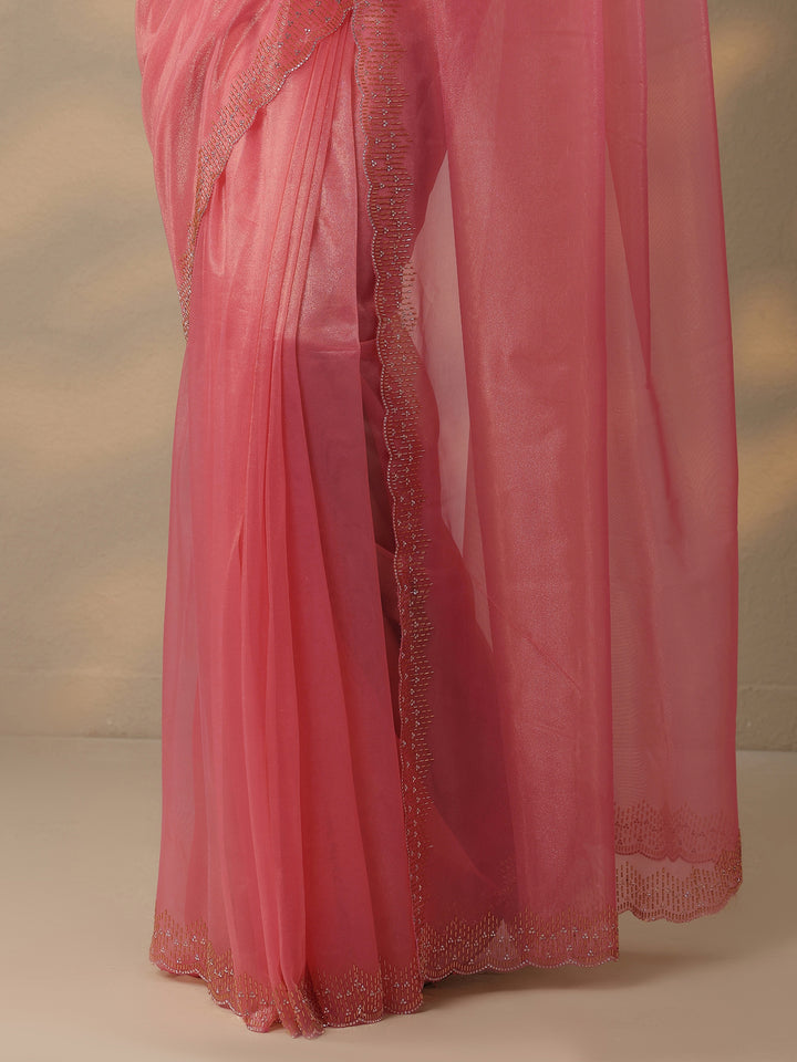 Peach Embellished Nylon Saree With Unstitched Blouse Piece
