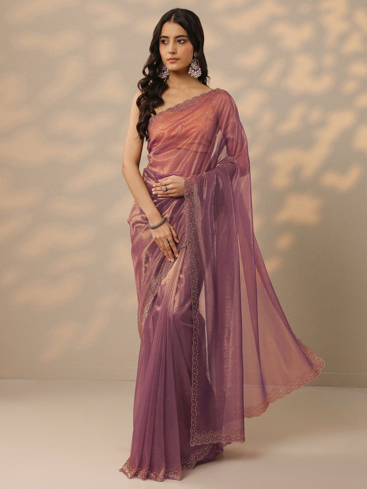 Mauve Embellished Nylon Saree With Unstitched Blouse Piece