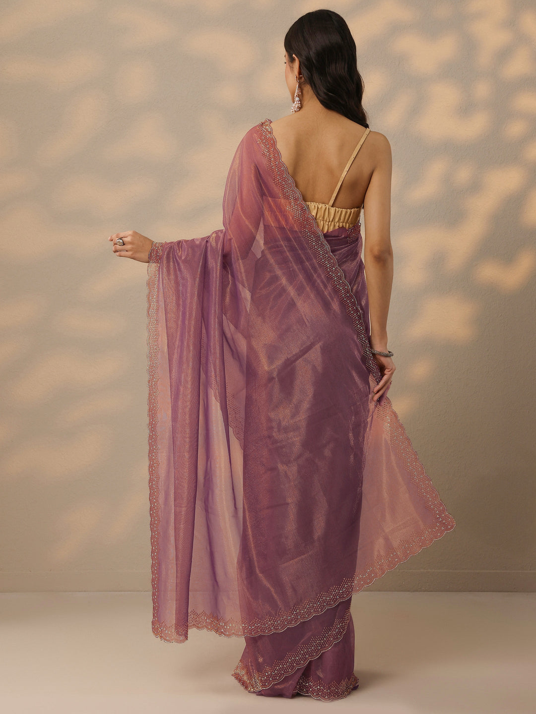 Mauve Embellished Nylon Saree With Unstitched Blouse Piece