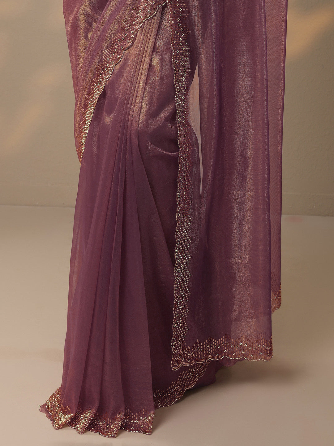 Mauve Embellished Nylon Saree With Unstitched Blouse Piece