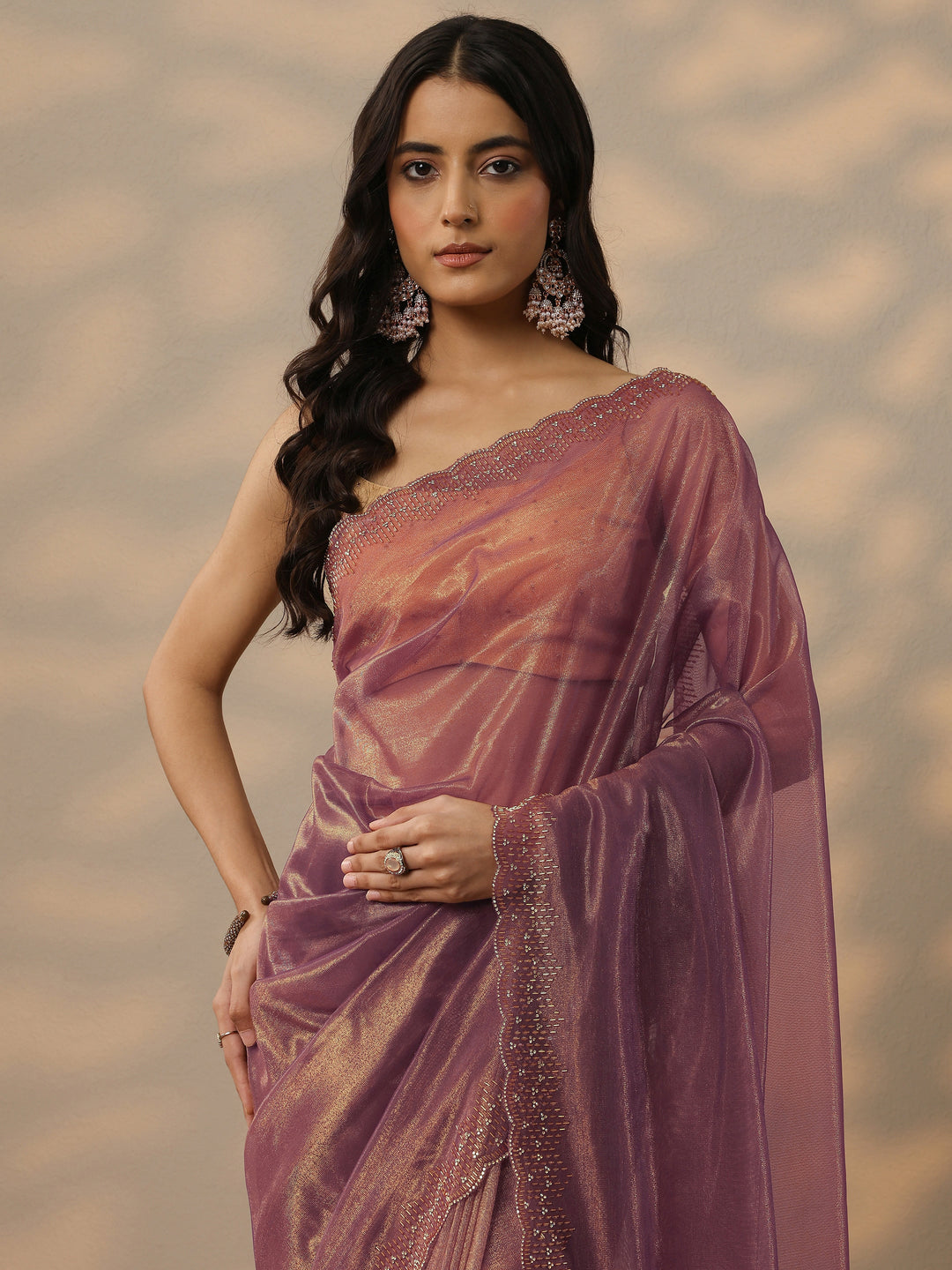 Mauve Embellished Nylon Saree With Unstitched Blouse Piece