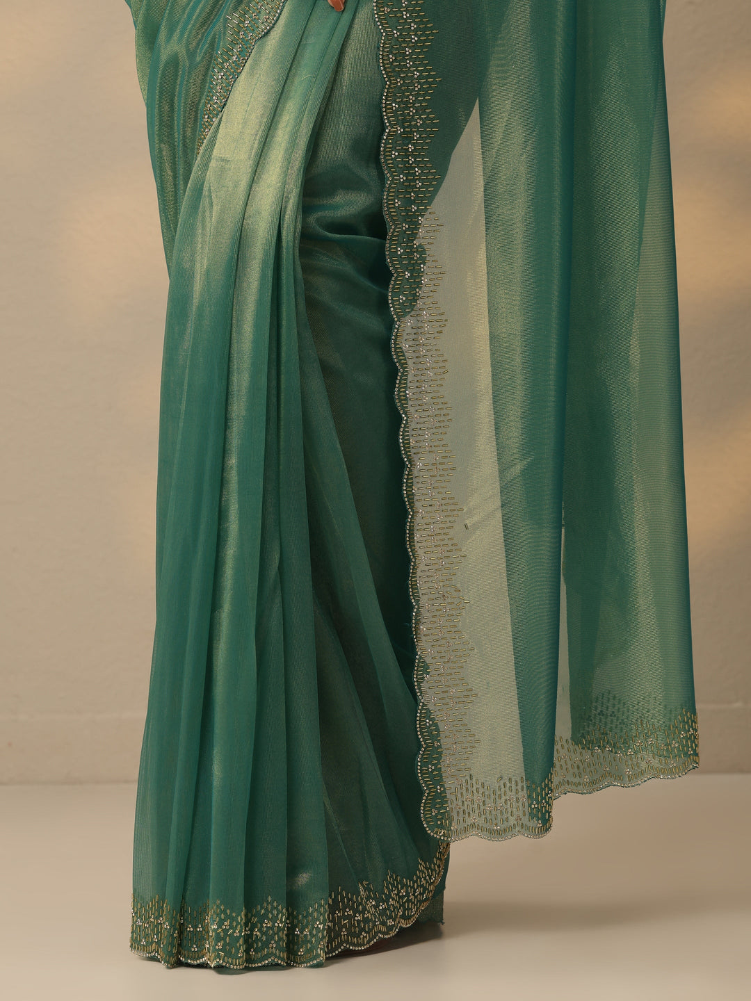 Green Embellished Nylon Saree With Unstitched Blouse Piece