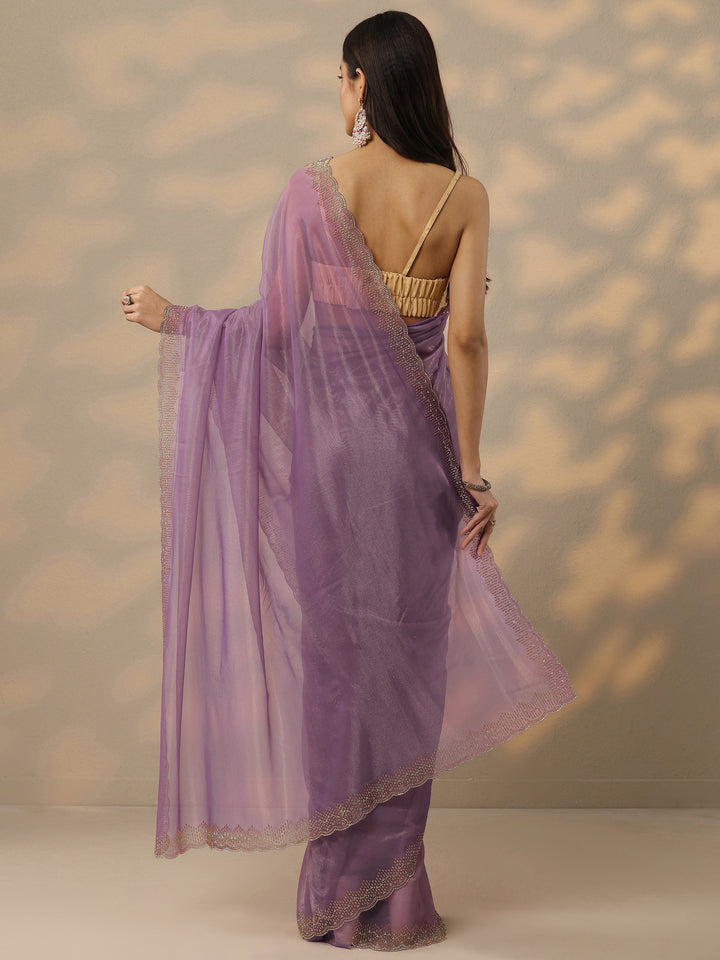 Mauve Embellished Nylon Saree With Unstitched Blouse Piece