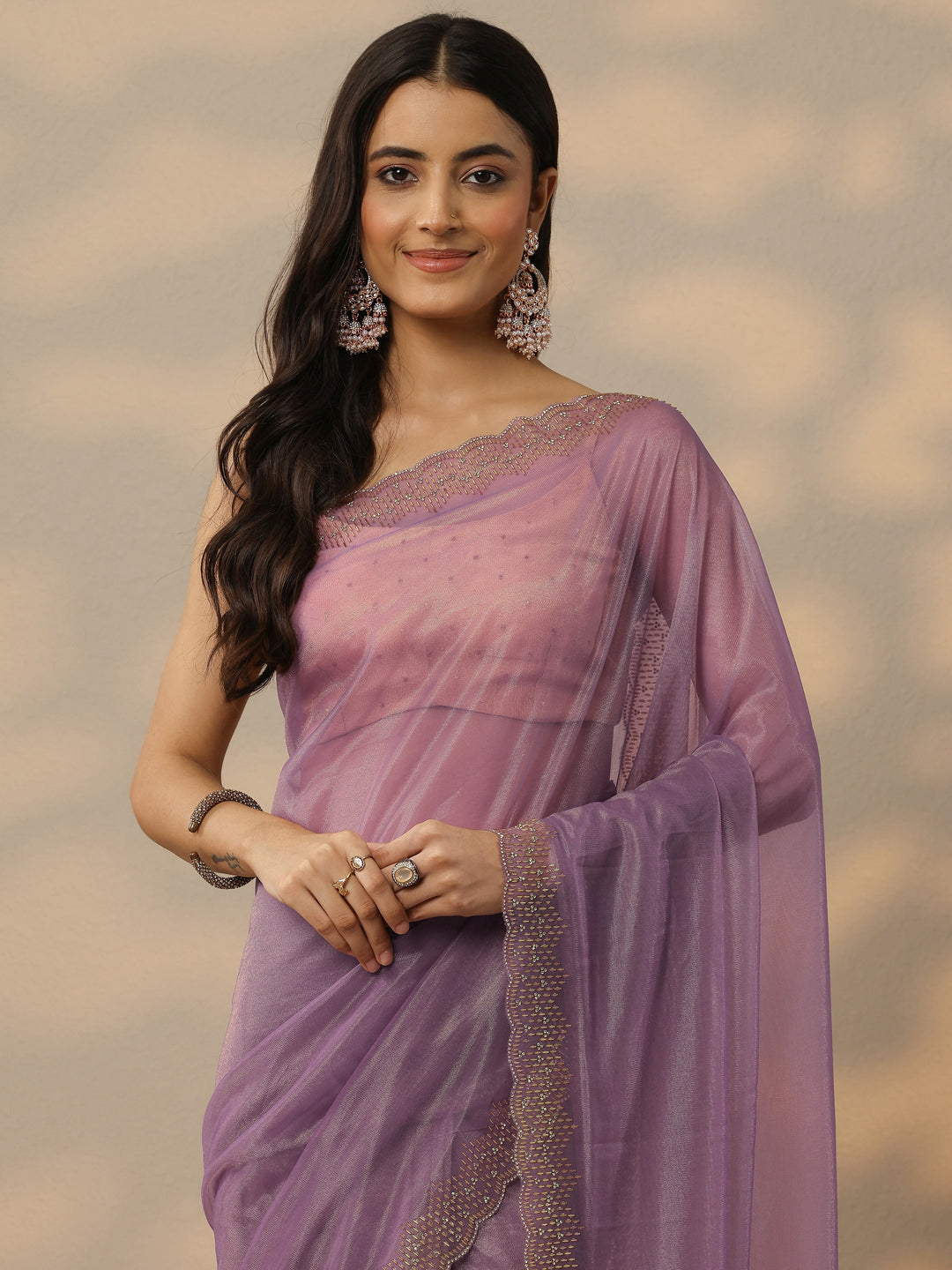 Mauve Embellished Nylon Saree With Unstitched Blouse Piece