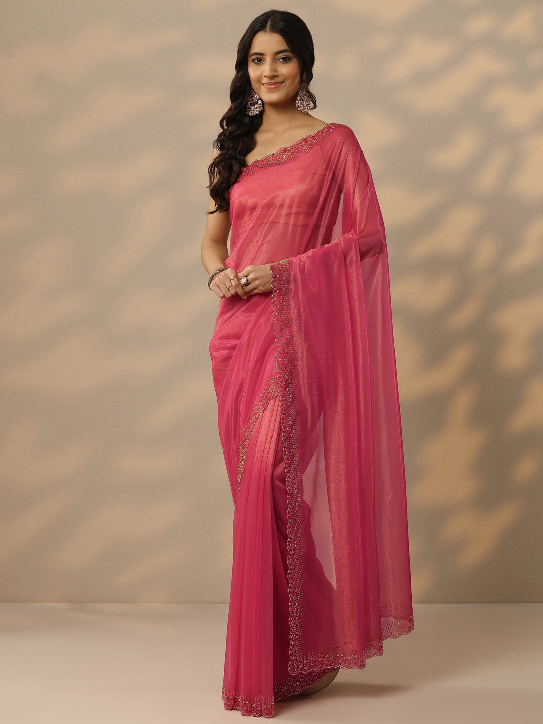 Pink Embellished Nylon Saree With Unstitched Blouse Piece