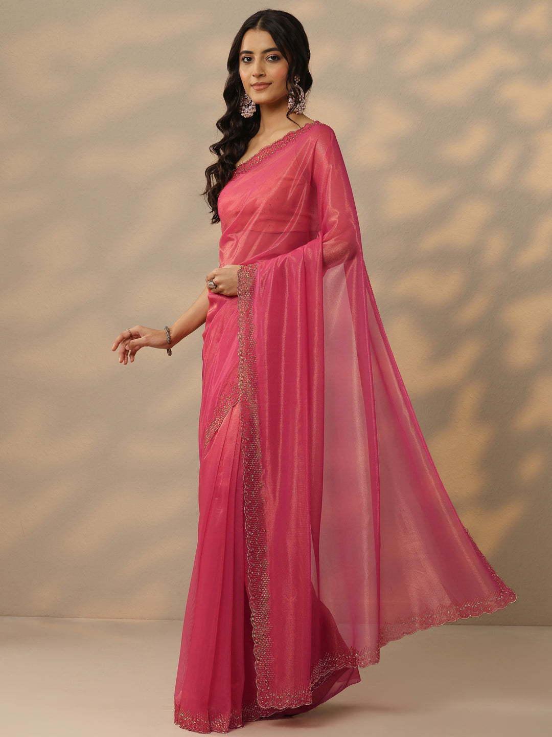 Pink Embellished Nylon Saree With Unstitched Blouse Piece