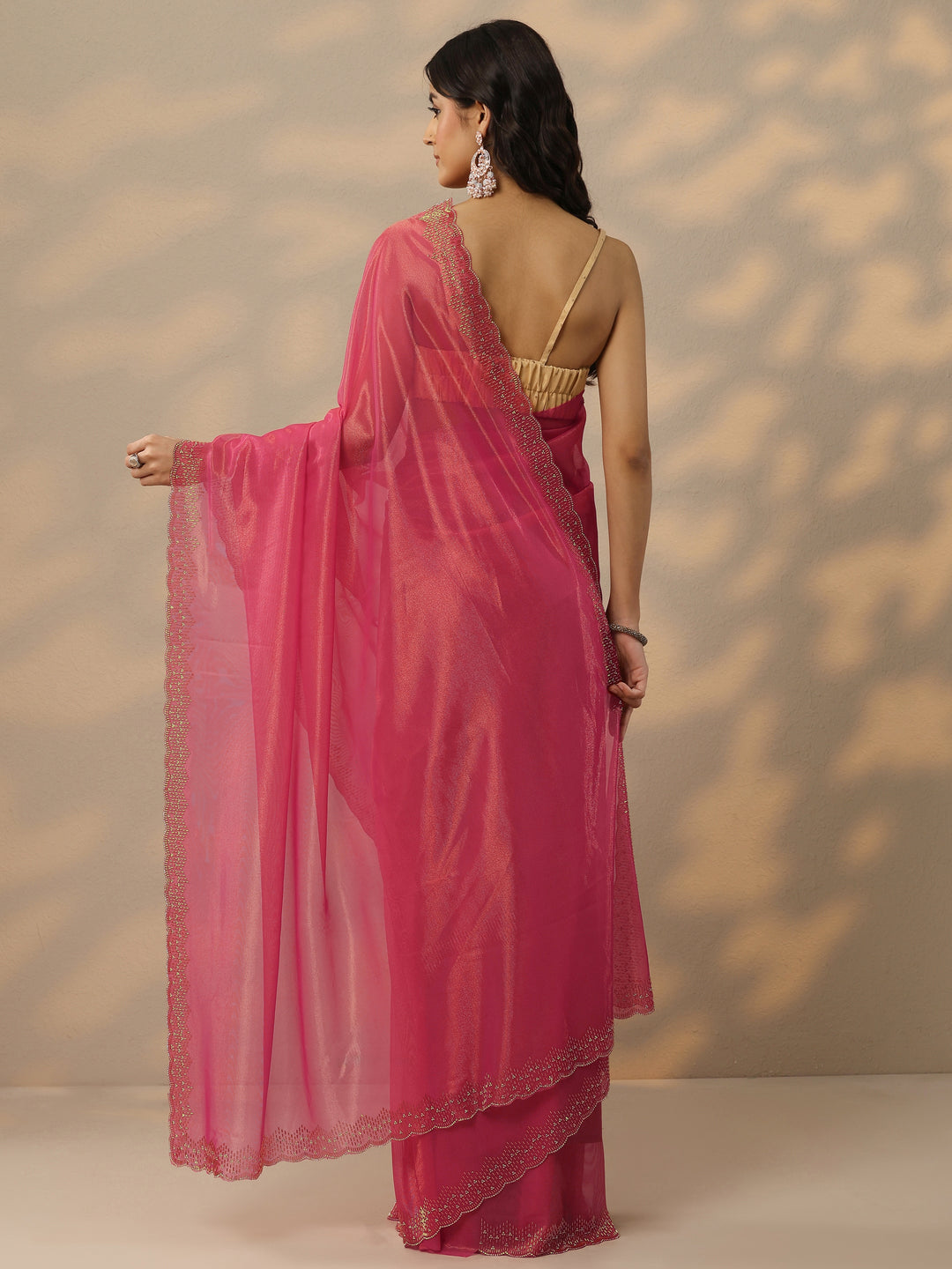 Pink Embellished Nylon Saree With Unstitched Blouse Piece