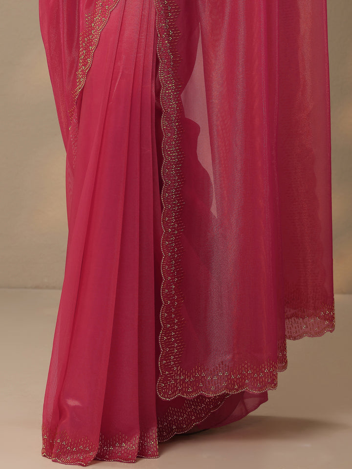 Pink Embellished Nylon Saree With Unstitched Blouse Piece