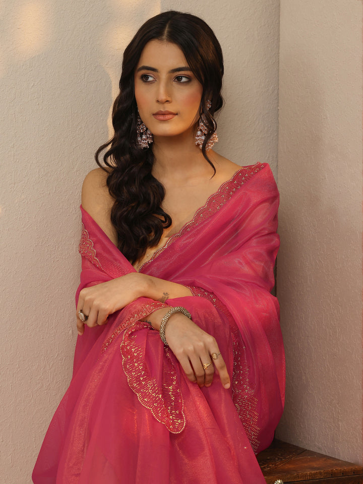 Pink Embellished Nylon Saree With Unstitched Blouse Piece