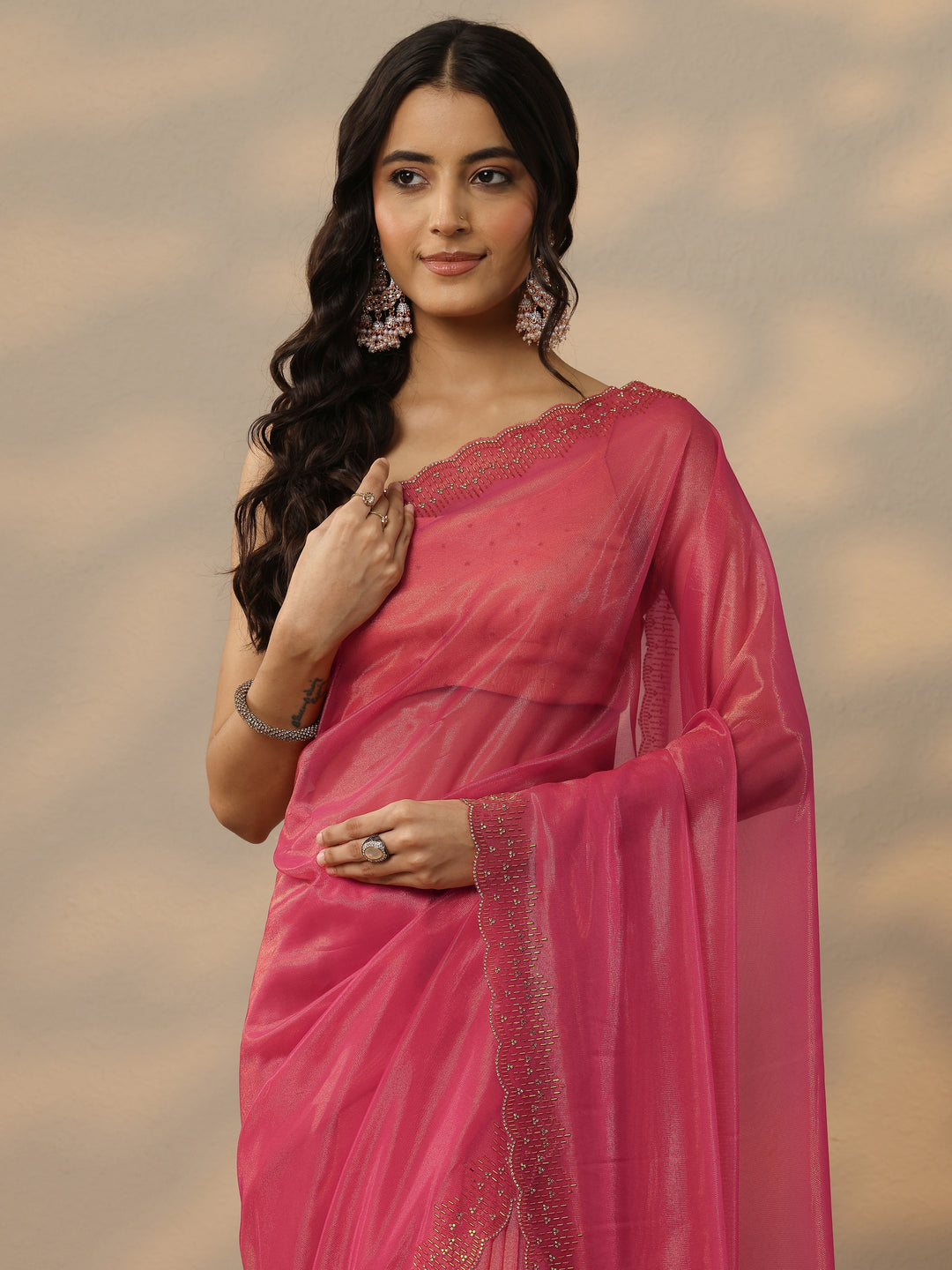 Pink Embellished Nylon Saree With Unstitched Blouse Piece