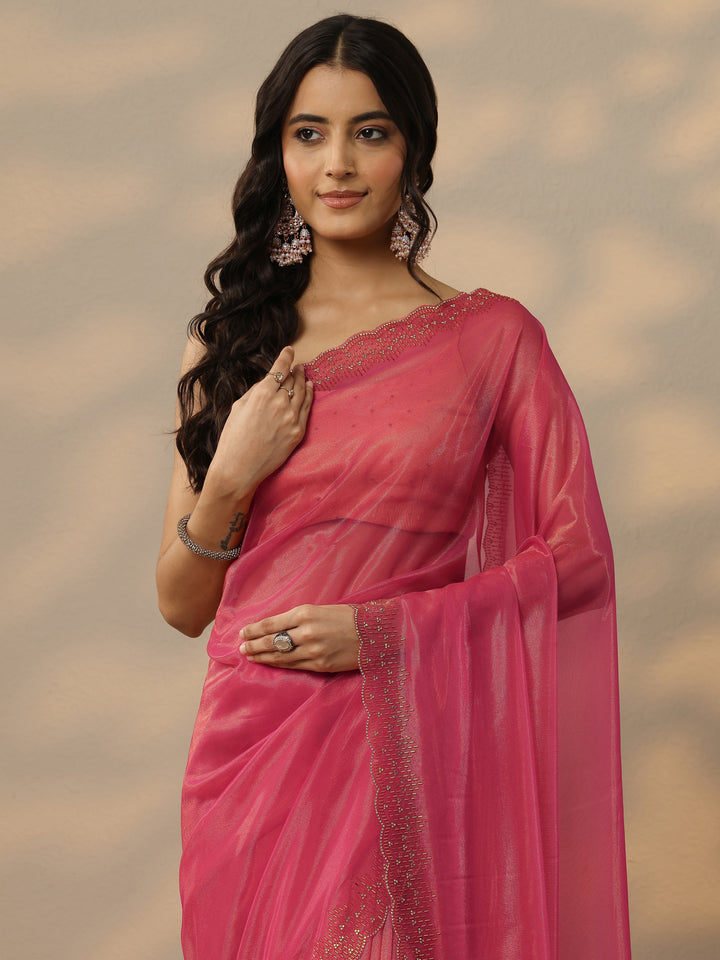 Pink Embellished Nylon Saree With Unstitched Blouse Piece