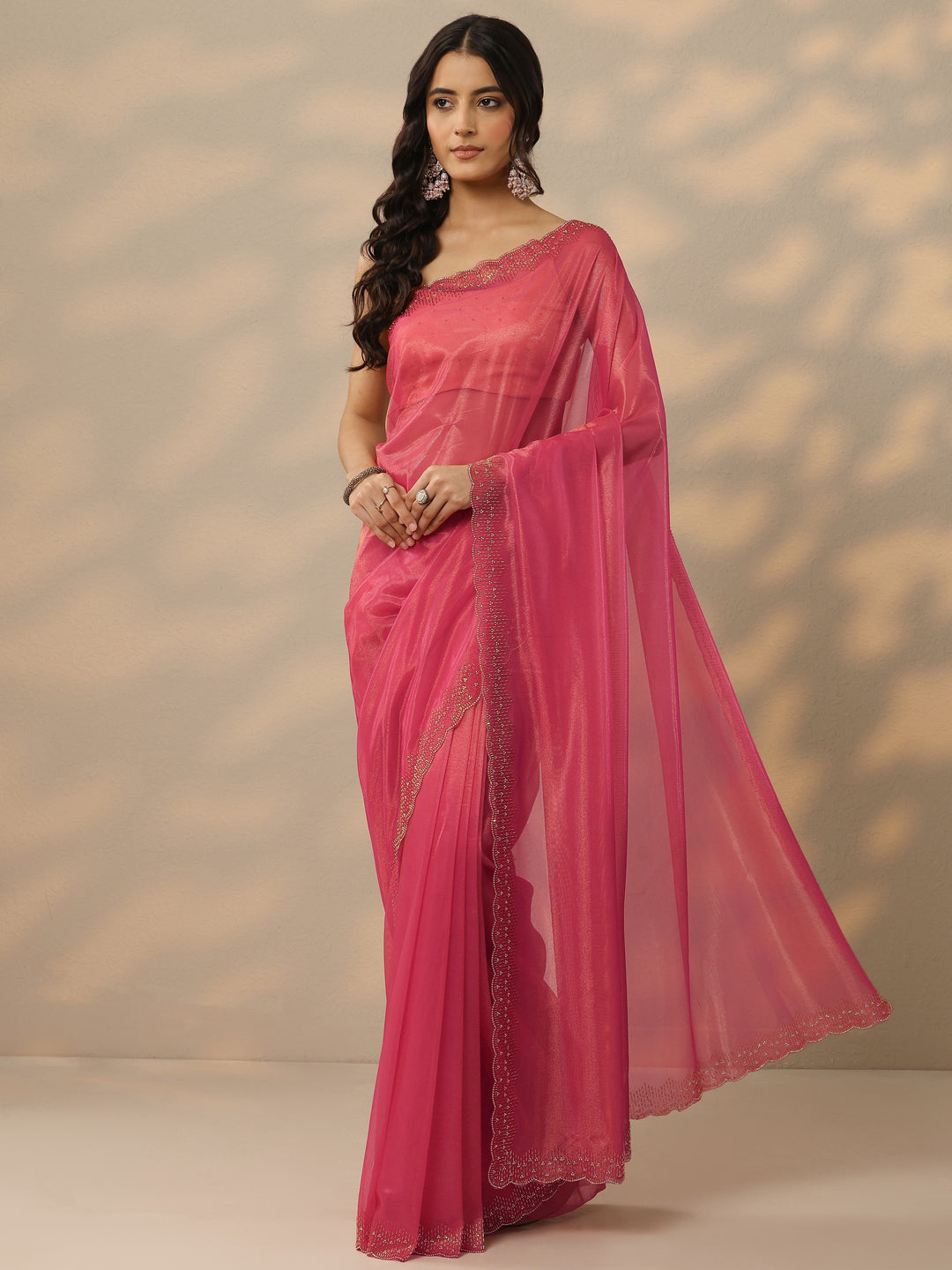 Pink Embellished Nylon Saree With Unstitched Blouse Piece