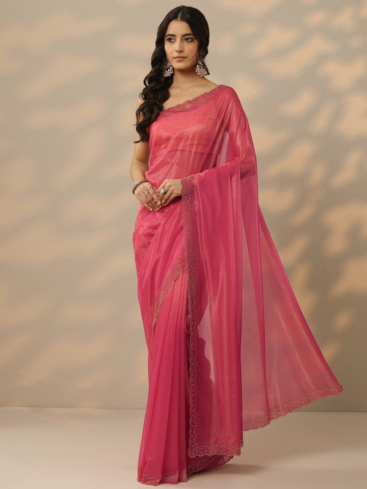 Pink Embellished Nylon Saree With Unstitched Blouse Piece