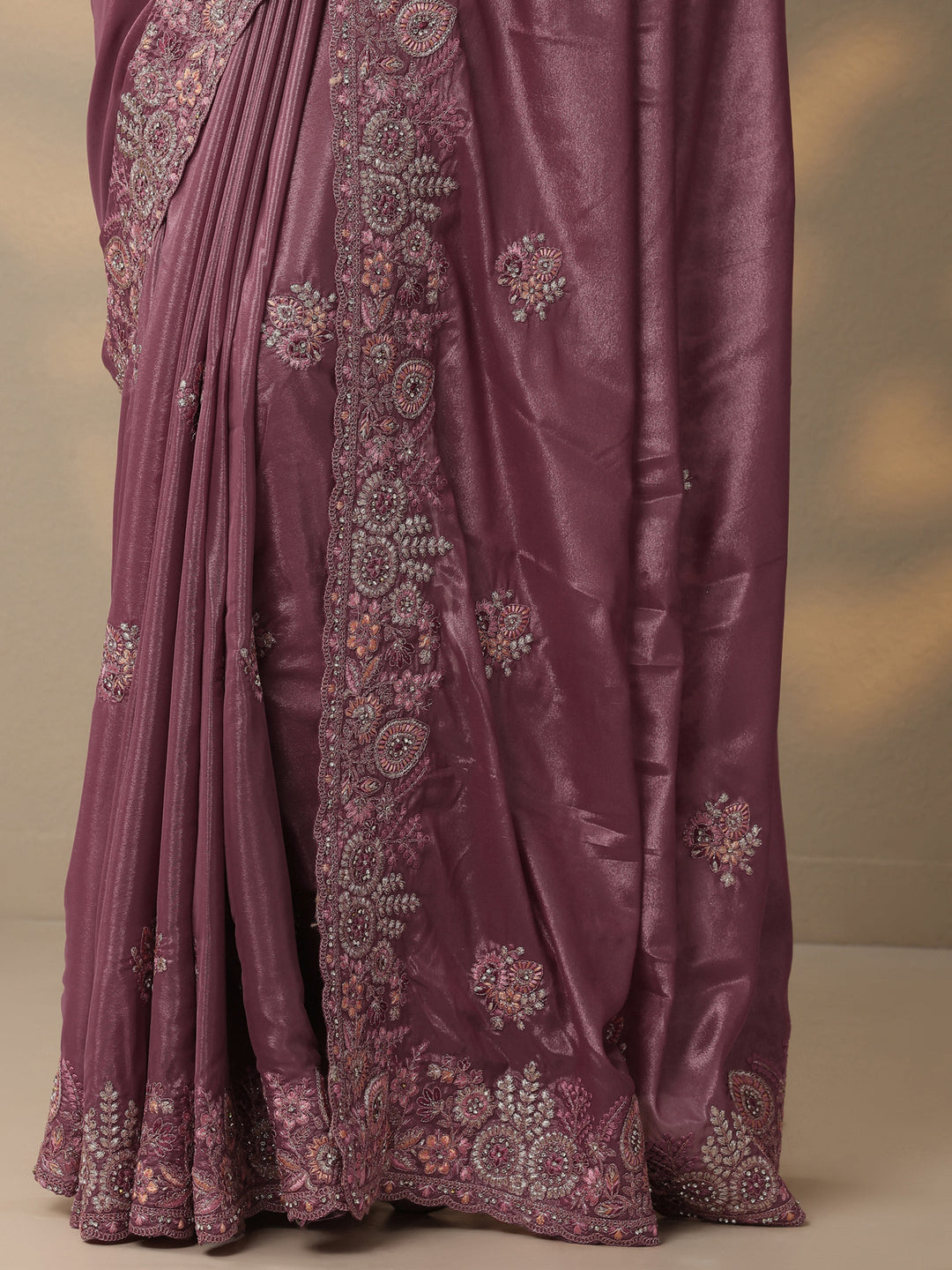 Pink Embroidered Crepe Saree With Unstitched Blouse Piece