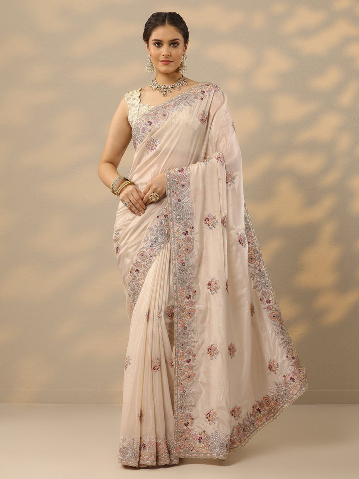 Cream Embroidered Crepe Saree With Unstitched Blouse Piece