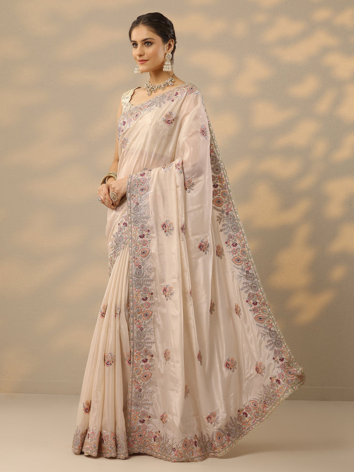 Cream Embroidered Crepe Saree With Unstitched Blouse Piece