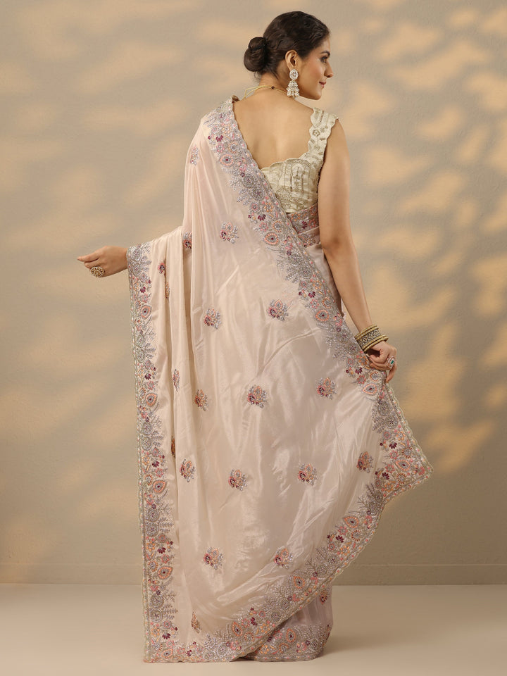Cream Embroidered Crepe Saree With Unstitched Blouse Piece