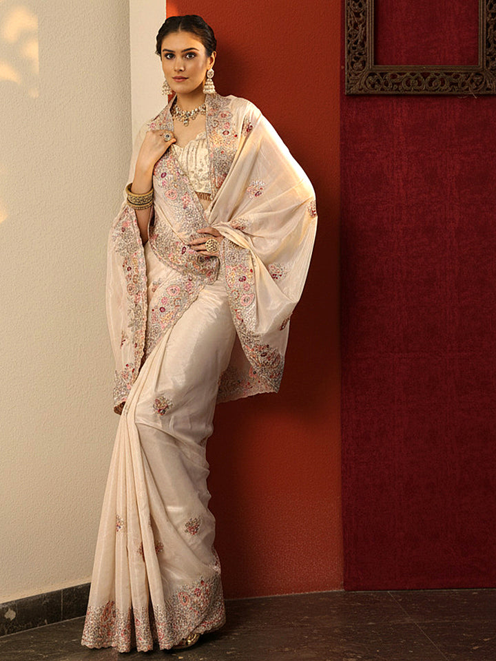 Cream Embroidered Crepe Saree With Unstitched Blouse Piece