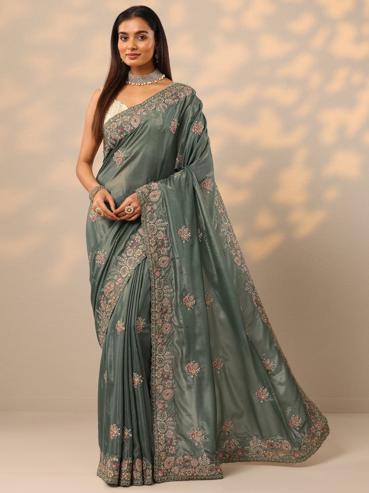 Green Embroidered Crepe Saree With Unstitched Blouse Piece