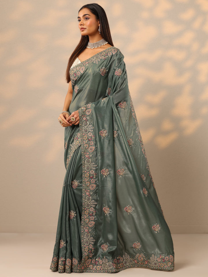 Green Embroidered Crepe Saree With Unstitched Blouse Piece