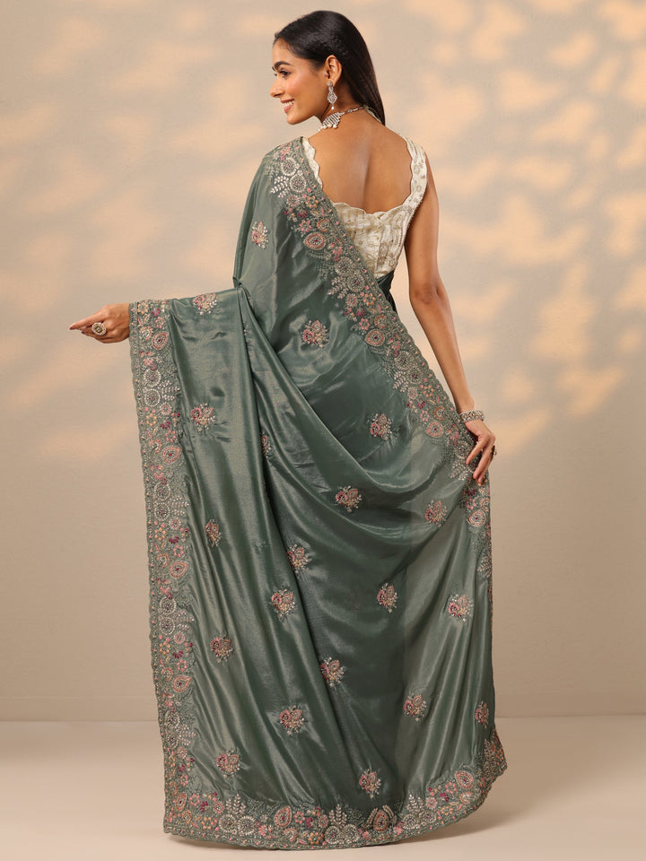 Green Embroidered Crepe Saree With Unstitched Blouse Piece