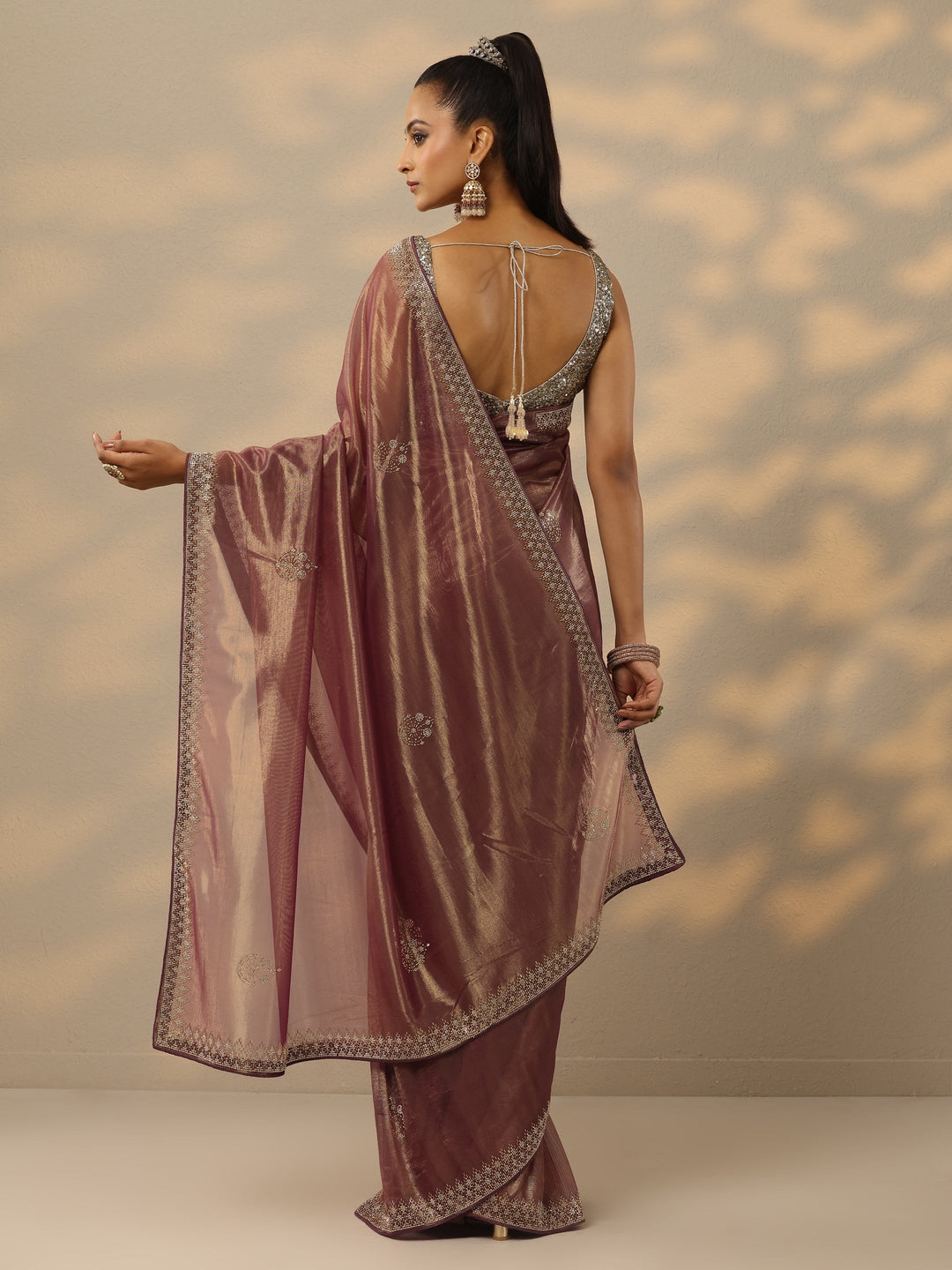 Mauve Embellished Nylon Saree With Unstitched Blouse Piece