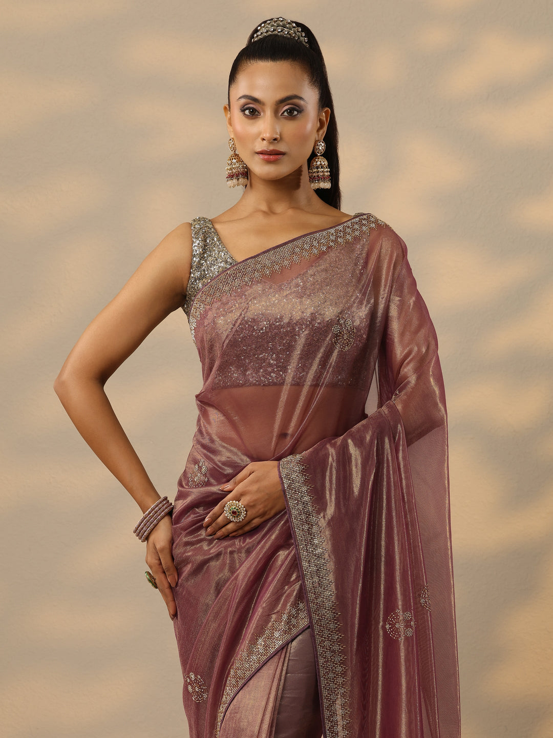Mauve Embellished Nylon Saree With Unstitched Blouse Piece
