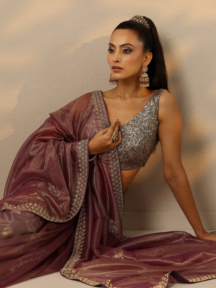 Mauve Embellished Nylon Saree With Unstitched Blouse Piece