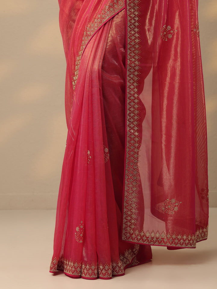 Pink Embellished Nylon Saree With Unstitched Blouse Piece