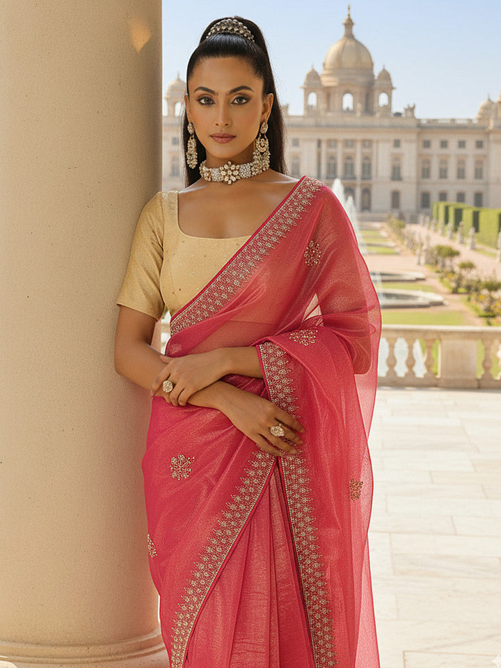 Pink Embellished Nylon Saree With Unstitched Blouse Piece