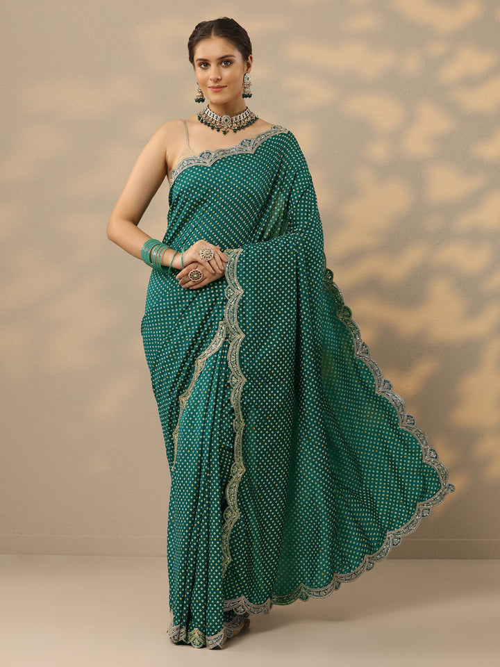 Green Bandhani  Printed Silk Blend Saree With Unstitched Blouse Piece