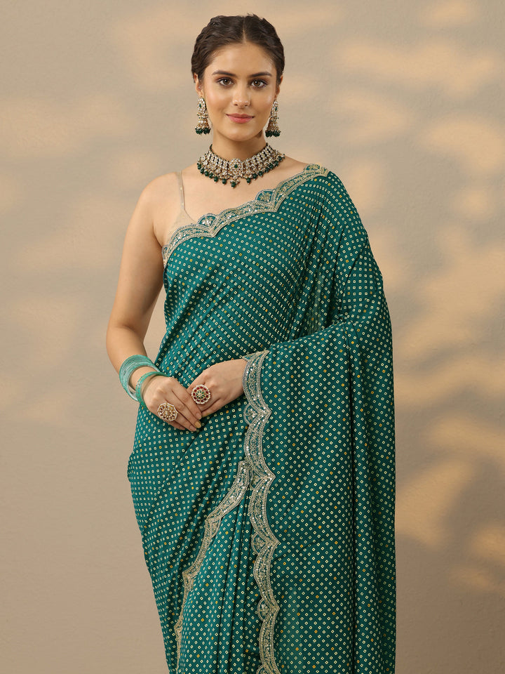 Green Bandhani  Printed Silk Blend Saree With Unstitched Blouse Piece