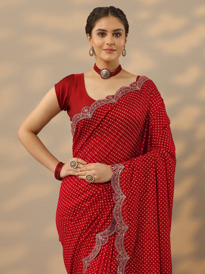 Red Bandhani  Printed Silk Blend Saree With Unstitched Blouse Piece