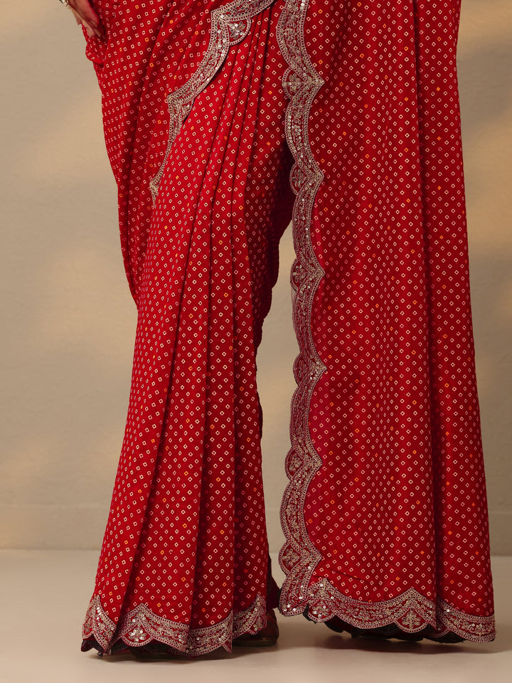 Red Bandhani  Printed Silk Blend Saree With Unstitched Blouse Piece