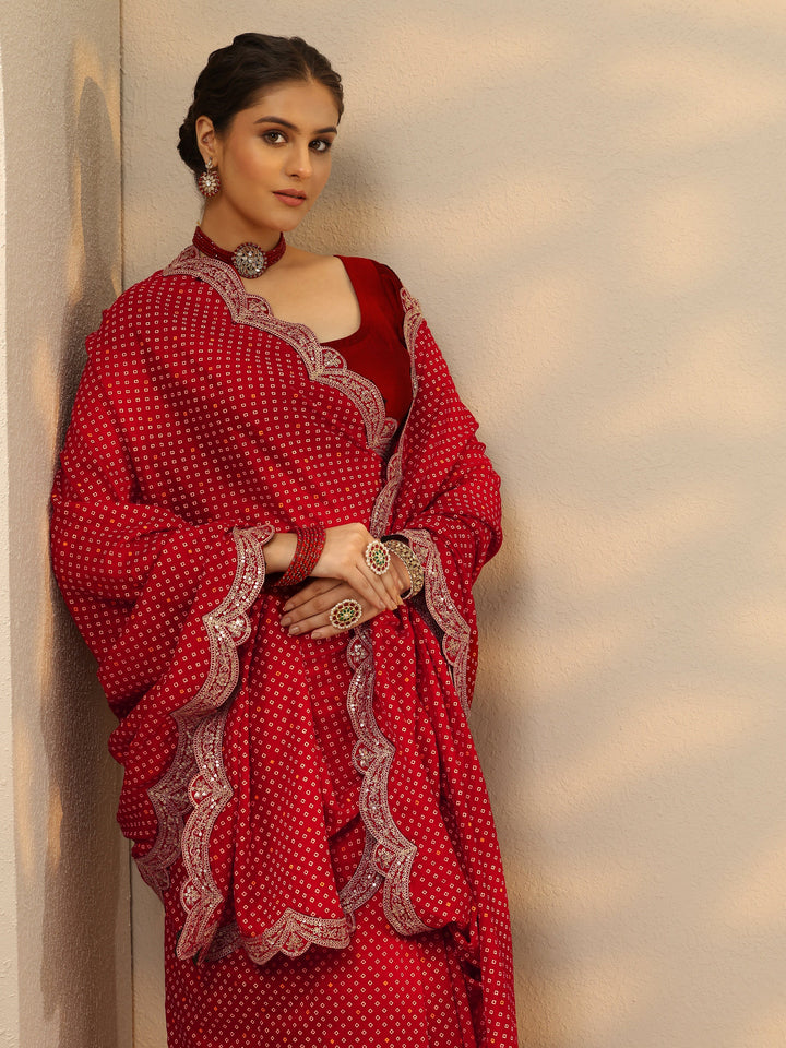 Red Bandhani  Printed Silk Blend Saree With Unstitched Blouse Piece