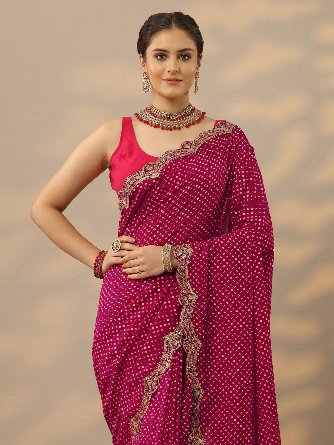 Pink Bandhani  Printed Silk Blend Saree With Unstitched Blouse Piece