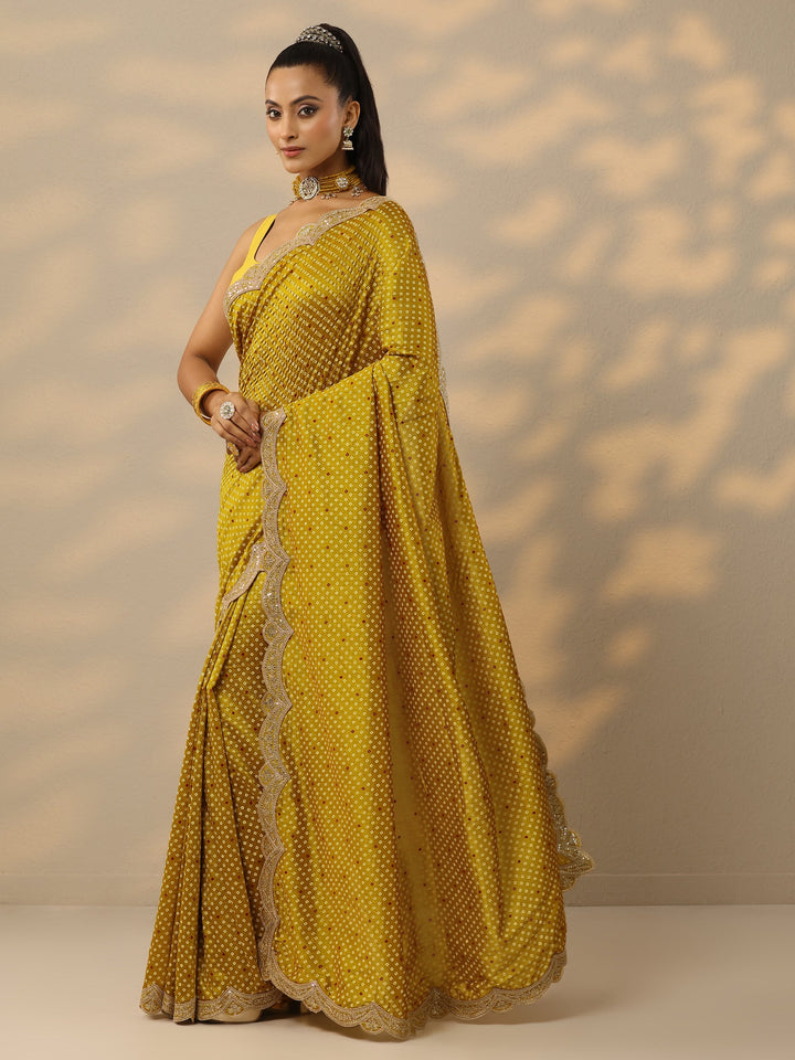 Mustard Bandhani  Printed Silk Blend Saree With Unstitched Blouse Piece