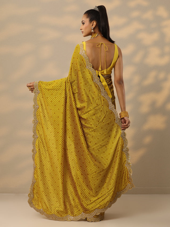 Mustard Bandhani  Printed Silk Blend Saree With Unstitched Blouse Piece