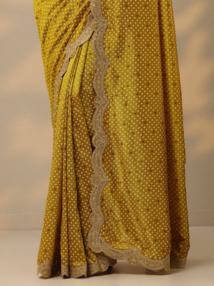 Mustard Bandhani  Printed Silk Blend Saree With Unstitched Blouse Piece