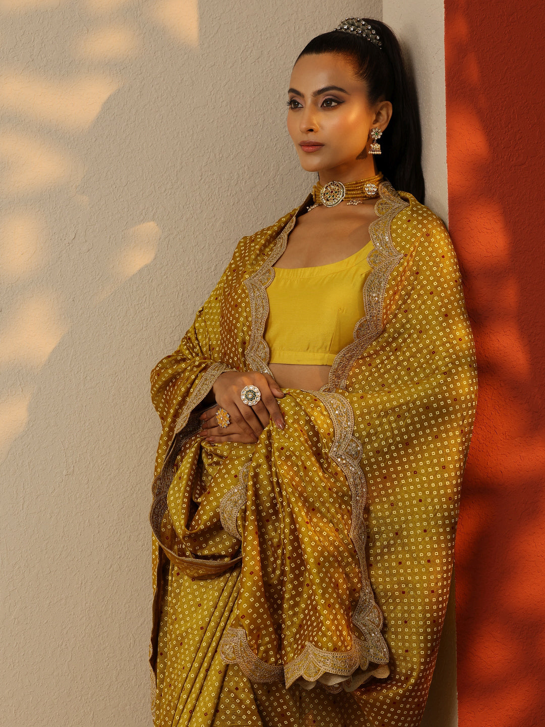 Mustard Bandhani  Printed Silk Blend Saree With Unstitched Blouse Piece