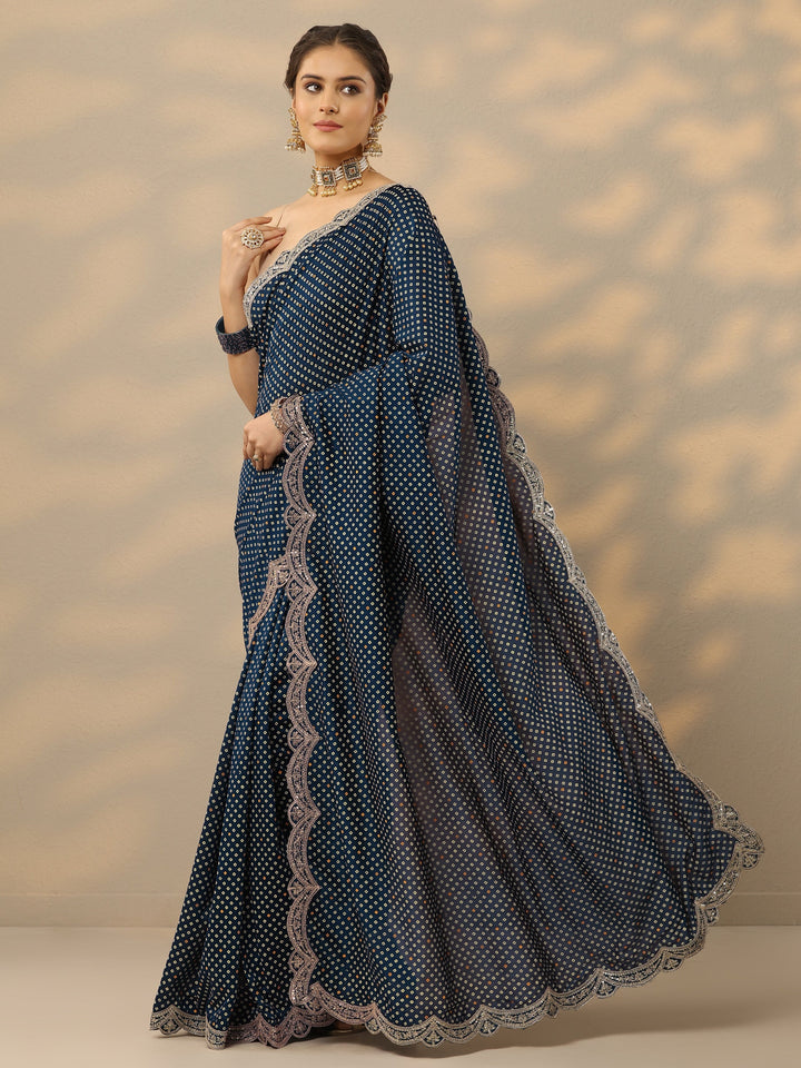 Blue Printed Silk Blend Saree With Unstitched Blouse Piece