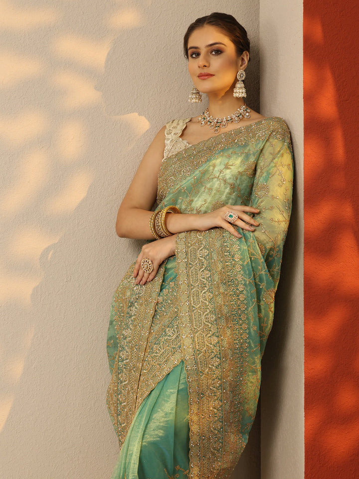 Blue Embroidered Banarasi Nylon Saree With Unstitched Blouse Piece