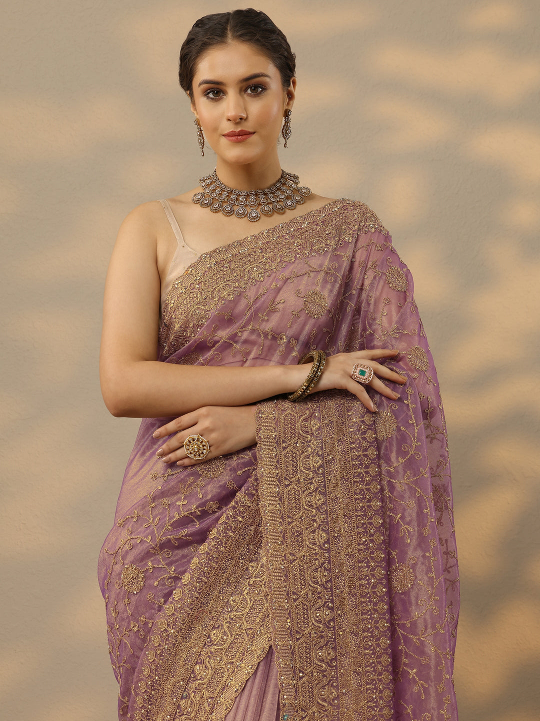 Mauve Embroidered Nylon Saree With Unstitched Blouse Piece
