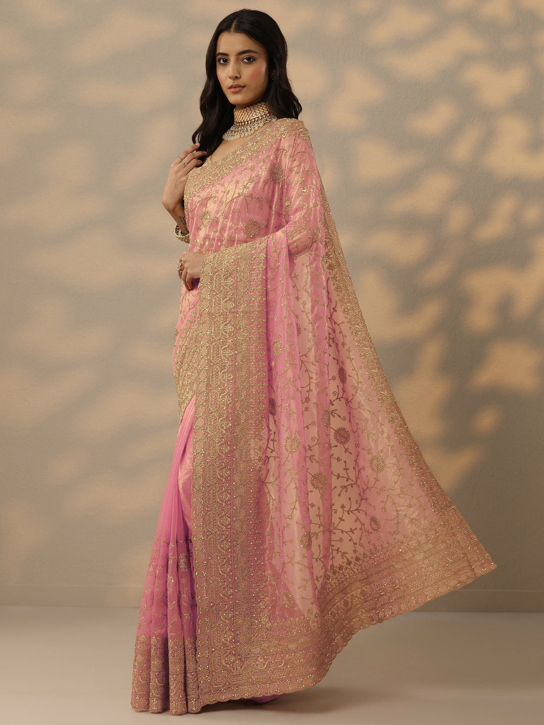 Peach Embroidered Nylon Saree With Unstitched Blouse Piece