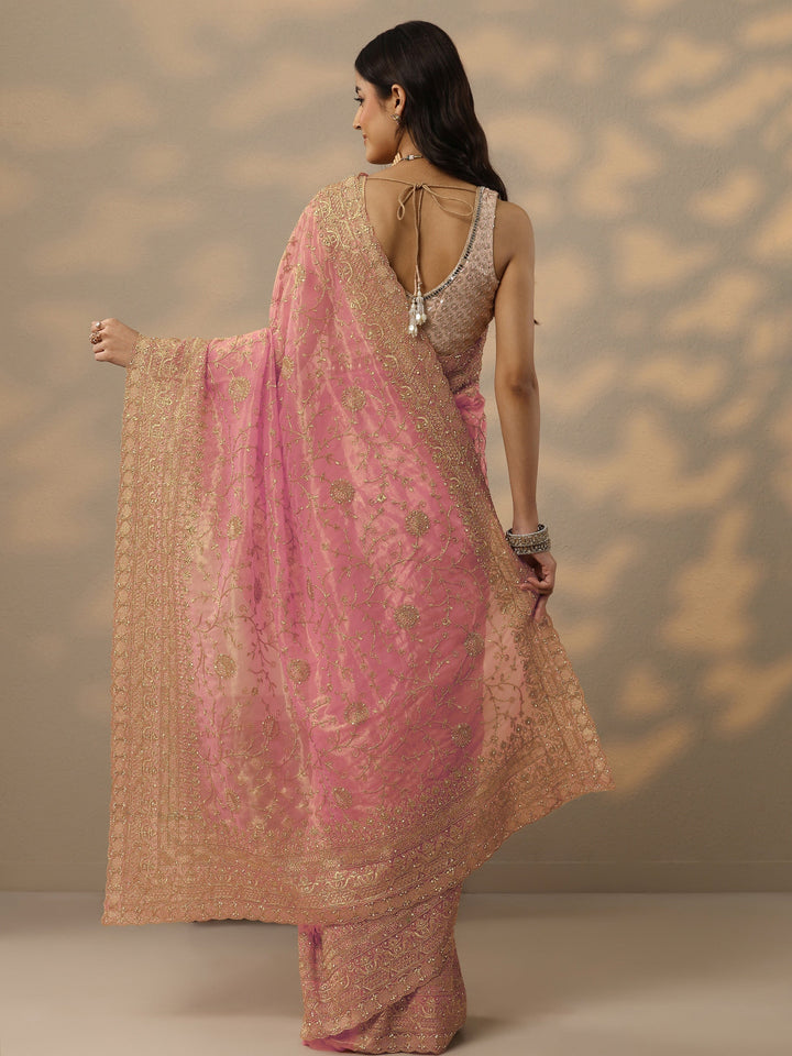 Peach Embroidered Nylon Saree With Unstitched Blouse Piece