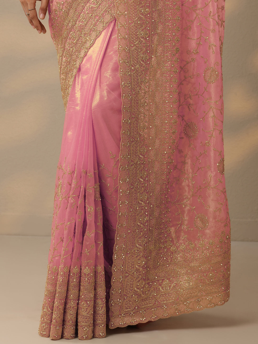 Peach Embroidered Nylon Saree With Unstitched Blouse Piece