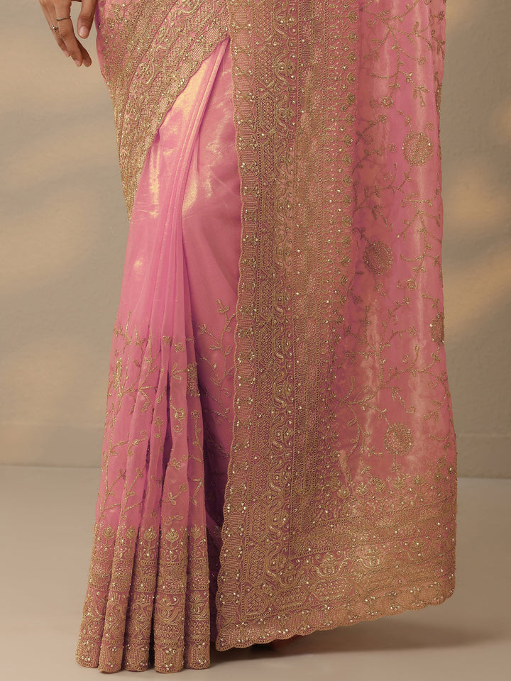 Peach Embroidered Nylon Saree With Unstitched Blouse Piece