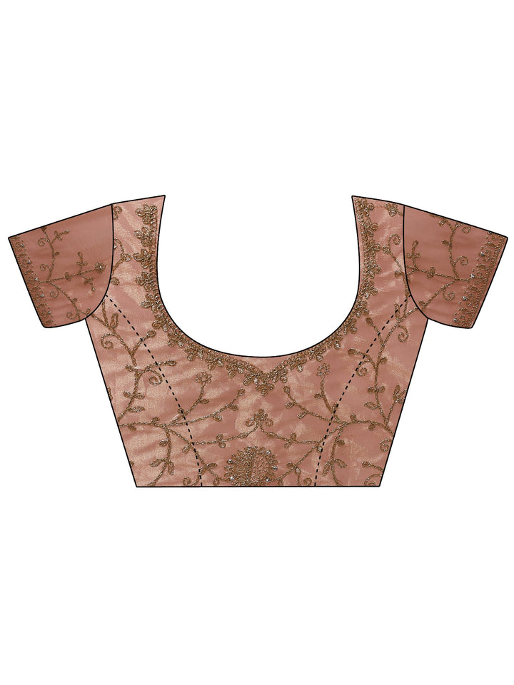 Peach Embroidered Nylon Saree With Unstitched Blouse Piece