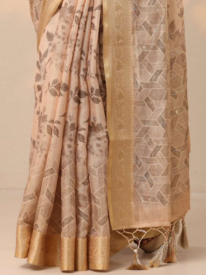 Beige Printed Silk blend Saree With Unstitched Blouse Piece